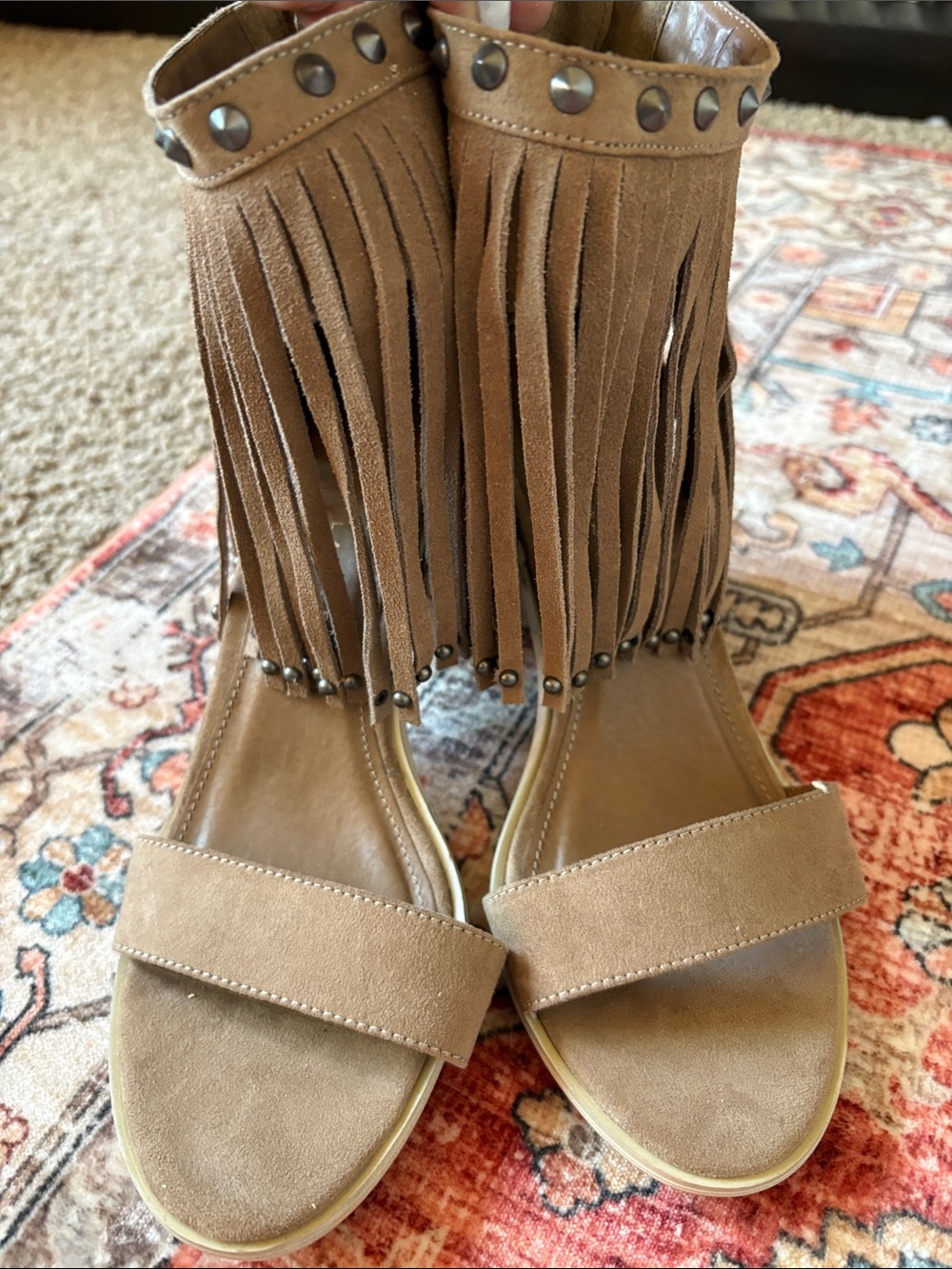 Volatile Tan Fringe Ankle Sandals with Stud Details